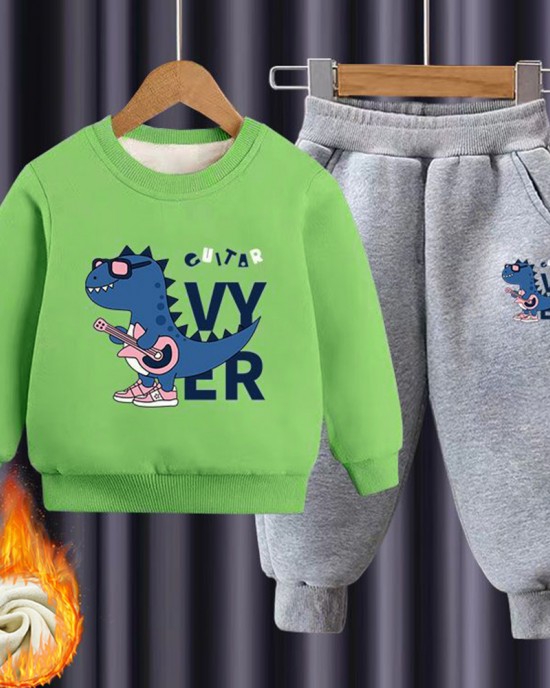 【18M-10Y】2-piece Boys Multicolor Thick Dinosaur Print Round Neck Sweatshirt And Pants Set