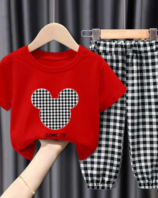 【18M-9Y】Unisex Kids Cartoon Print Short-sleeved T-shirt And Plaid Pants Set - 34359