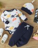 【0M-18M】3-piece Baby Boy Dinosaur Print Long Sleeve Romper And Pants Set With Hat